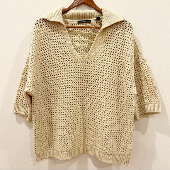 Esprit Womens Crochet Open Knit Wool Alpaca Blend Top M Cream Boho Made In Italy - Picture 1 of 10